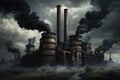 Planet earth is covered in dirty black factories with smog created with Generative AI technology