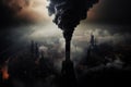 Planet earth is covered with dirty black factories with smoke, created with Generative AI technology