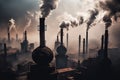 Planet earth is covered with dirty black factories with smoke, created with Generative AI technology
