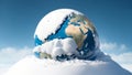 Planet Earth is covered with snow. The weather forecast is for heavy snowfall in winter. Generation AI Royalty Free Stock Photo