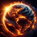 Wide view of the planet earth on fire due to climate change