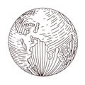 Planet earth engraved isolated on white background. Vintage sphere of world in hand drawn style Royalty Free Stock Photo