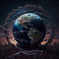 The planet earth is entangled with barbed wire. AI generative illustration