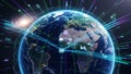 Global network of digital connections and data streams encircling planet Earth with glowing lines and representing Royalty Free Stock Photo