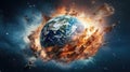 Planet Earth explodes from nuclear blast. Explosion of atomic bomb. Apocalypse, world war 3. AI Generated Royalty Free Stock Photo