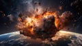 Planet Earth exploding from nuclear blast. Explosion of atomic bomb. Apocalypse, world war 3. AI Generated Royalty Free Stock Photo