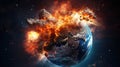 Planet Earth exploding from nuclear blast. Explosion of atomic bomb. Apocalypse, world war 3. AI Generated Royalty Free Stock Photo