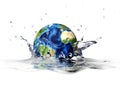 Planet Earth, falling into clear water, splashing.