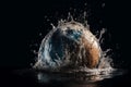 Planet Earth falling into splashing water on dark background Royalty Free Stock Photo