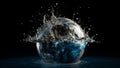 Planet Earth falling into splashing water on dark background Royalty Free Stock Photo