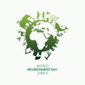 World Environment Day Poster with green global environment silhouette icon vector