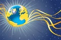 Planet Earth flying with gold ribbons.Space view Royalty Free Stock Photo