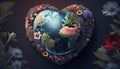 Planet earth in the form of heart with flowers and leaves. Generative Ai Royalty Free Stock Photo