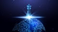Planet Earth with futuristic glowing chess figure, global strategy and diplomacy concept. Polygonal wireframe vector Royalty Free Stock Photo