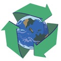 Planet earth and garbage recycling symbol or icon isolated on white background for design, flat vector stock illustration with Royalty Free Stock Photo