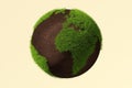 Planet earth globe from brown soil and green grass isolated on background, environment, ecology or nature conservation concept