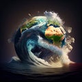 Planet earth globe illustration - global warming problem, tsunami and flood. Global warming, ecology, problem and environment