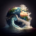 Planet earth globe illustration - global warming problem, tsunami and flood. Global warming, ecology, problem and environment