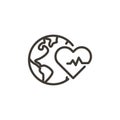 Planet earth globe sphere with a heart with a lifeline health. Vector thin line icon outline linear stroke illustration for