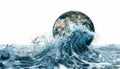 Planet earth globe in water wave climate change concept on white background, nasa elements included Royalty Free Stock Photo