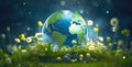 Planet earth on green background. Earth Day, environmental holiday, events to improve and green the planet. Close-up.