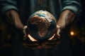 Planet Earth in the hands of a man, an African American holds a globe in his hands. AI generative