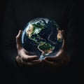 Planet Earth in the hands of a man, a man holds a glass globe in his hands. AI generative Royalty Free Stock Photo