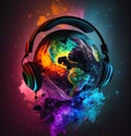 Planet Earth with Headphones Illustration, World Music Concept, Generative AI Royalty Free Stock Photo