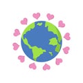 Planet earth with hearts around icon in flat color style. Global love Design for earth day and environment campaign Royalty Free Stock Photo