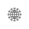 Planet earth with hearts line icon