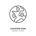 Planet Earth Icon, Location icon line art design, World Travel Icon. Editable stroke Vector illustration