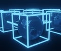 Planet earth inside of blue box. Blockchain distribution ledger Royalty Free Stock Photo