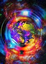 Planet Earth in light circle, Cosmic Space background. Royalty Free Stock Photo