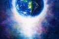 Planet earth in light, Cosmic Space background. Original painting on canvas. Earth concept. Royalty Free Stock Photo