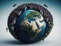 Planet earth with many people around it. World Population Day concept. Royalty Free Stock Photo