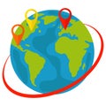 Planet Earth and map pins icon. Locations of locations on the planet Earth.