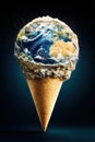 Planet Earth melting inside the ice cream cone. Global warming concept. Generative Ai Royalty Free Stock Photo