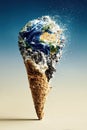 Planet Earth melting inside the ice cream cone. Global warming concept. Generative Ai Royalty Free Stock Photo