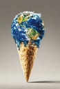 Planet Earth melting inside the ice cream cone. Global warming concept. Generative Ai Royalty Free Stock Photo