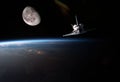 Planet earth and moon orbit with ship and stronaut. Elements of this image furnished by NASA f