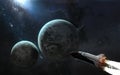 Planet Earth, moon rear, space shuttle, ISS. Solar system in blue light. Science fiction art