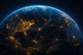 Planet Earth at night with glowing global connection lines visualizing worldwide digital communication and data networks Royalty Free Stock Photo