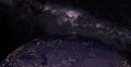 Planet earth in night scene with night city lights from space. Animated night earth with light bulb. 3d space with colorful milky Royalty Free Stock Photo