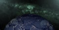 Planet earth in night scene with night city lights from space. Animated night earth with light bulb. 3d space with colorful milky Royalty Free Stock Photo