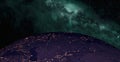 Planet earth in night scene with night city lights from space. Animated night earth with light bulb. 3d space with colorful milky Royalty Free Stock Photo