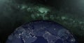 Planet earth in night scene with night city lights from space. Animated night earth with light bulb. 3d space with colorful milky Royalty Free Stock Photo