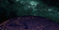 Planet earth in night scene with night city lights from space. Animated night earth with light bulb. 3d space with colorful milky Royalty Free Stock Photo
