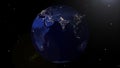 Planet Earth in night time with city lights in space with stars. Africa and Europe side. 3d rendering illustration. Royalty Free Stock Photo