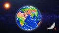 Planet Earth in night time with city lights in space with stars. Africa and Europe side. 3d rendering illustration. Royalty Free Stock Photo