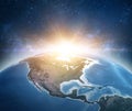 Planet Earth, North America and massive explosion in outer space Royalty Free Stock Photo